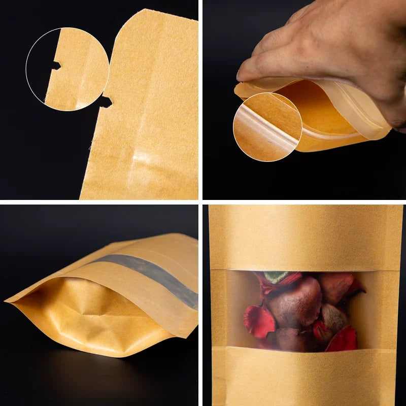 100 kraft paper self sealing bag, reusable sealed bag, visible window packaging bag, small business gift bag, customized bag.