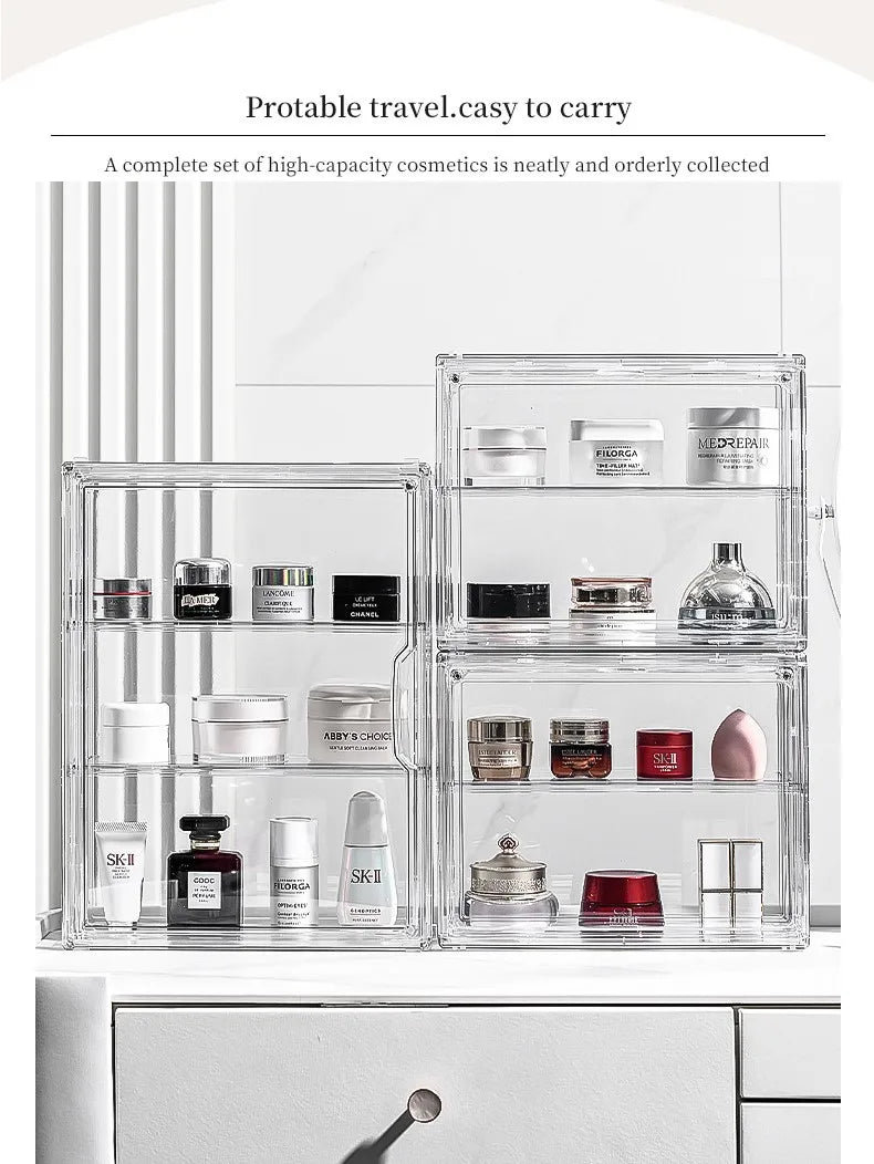 Estuche Transparente Organizador de Maquillaje, Caja Organizadora de Cosméticos a Prueba de Polvo, Contenedores de Cuidado de la Piel, Estuches Expositores de Cosméticos en Capas de Gran Capacidad