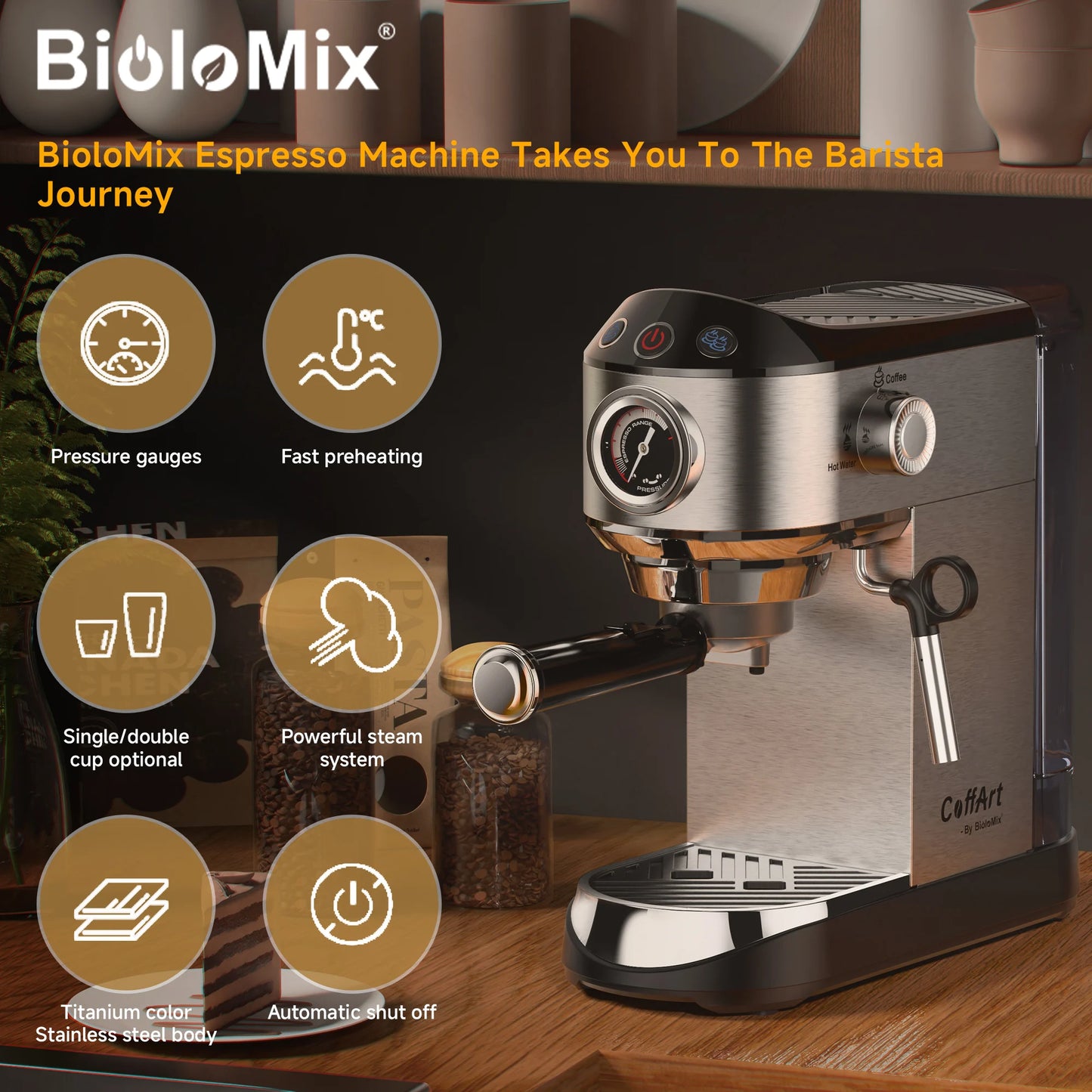 BioloMix Cafetera Semiautomática de Acero Inoxidable de 20 Bares, con Varita Espumadora de Leche, para Espresso, Cappuccino