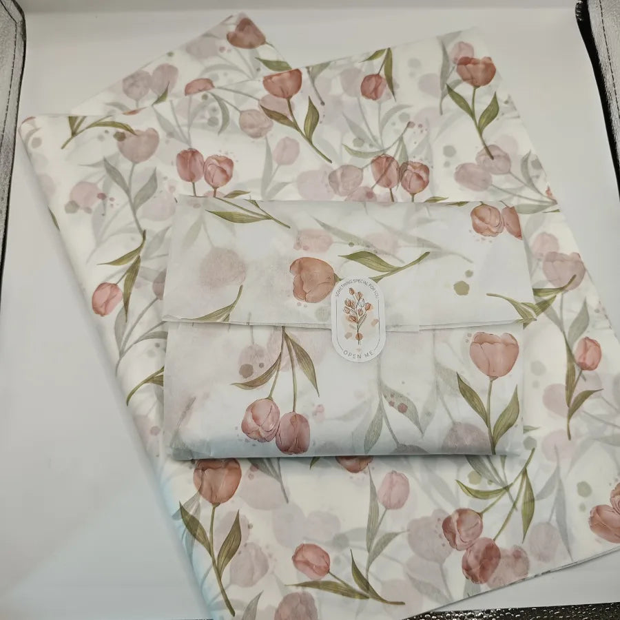 Elegant Tulip Patterned Tissue Paper Floral Design with Green Leaves For Gift Wrapping Wine Bottle Box Filling and Decorating