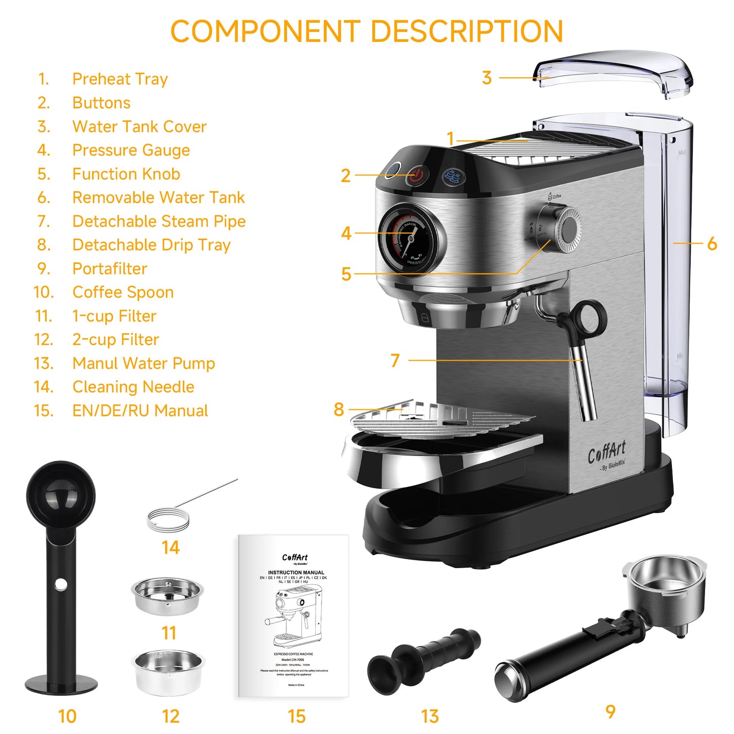 BioloMix Cafetera Semiautomática de Acero Inoxidable de 20 Bares, con Varita Espumadora de Leche, para Espresso, Cappuccino