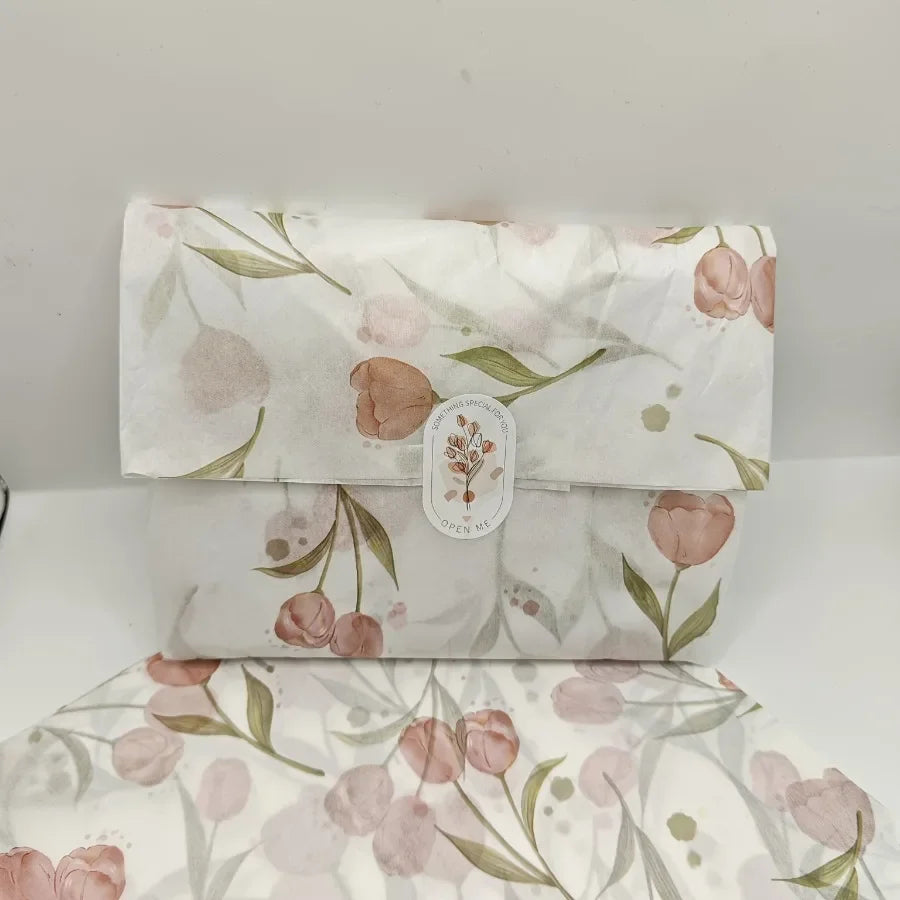 Elegant Tulip Patterned Tissue Paper Floral Design with Green Leaves For Gift Wrapping Wine Bottle Box Filling and Decorating
