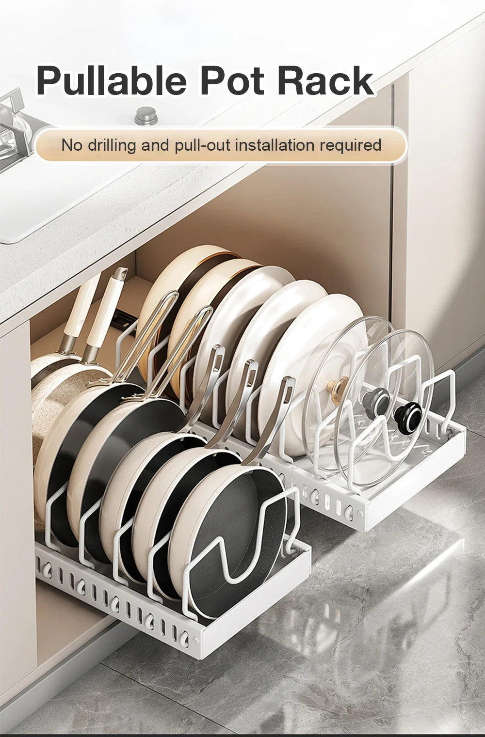 1Pc Kitchen Multifunctional Organizer Pull Out for Pots/Pans Sliding Lid Holder Spice Rack & Dish Drying Racks Drawer Organizer