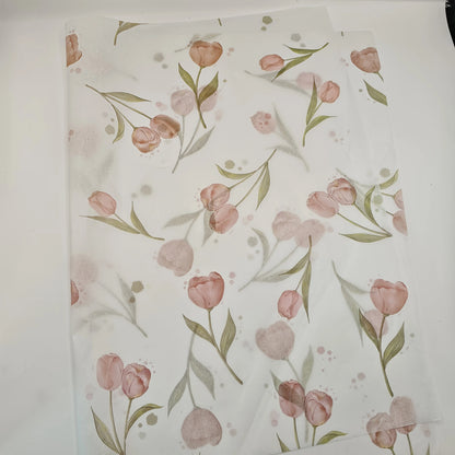Elegant Tulip Patterned Tissue Paper Floral Design with Green Leaves For Gift Wrapping Wine Bottle Box Filling and Decorating