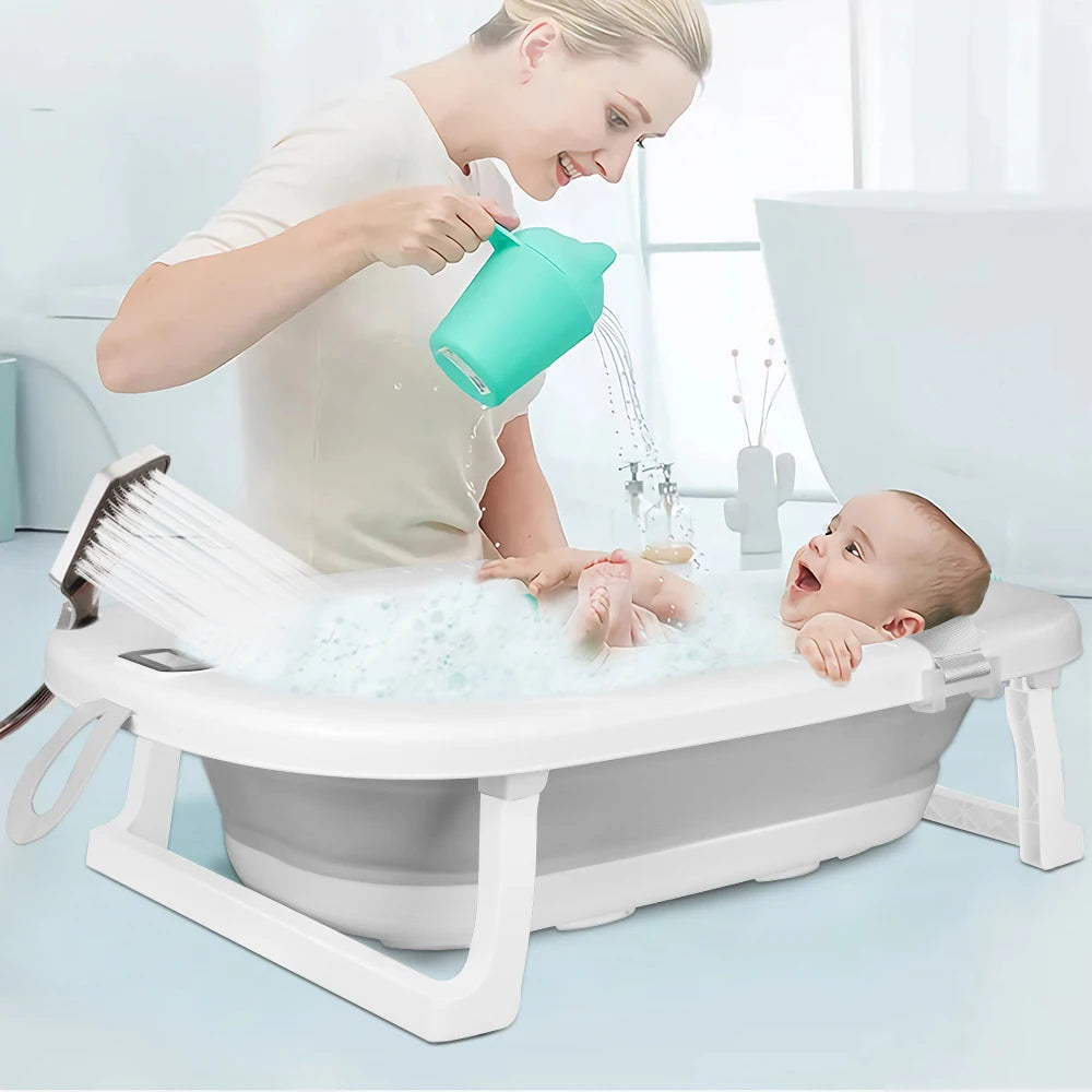 Bañera plegable para bebé con tapete, bañera para bebé con termómetro integrado, bañera portátil para bebés de 0 a 36 meses
