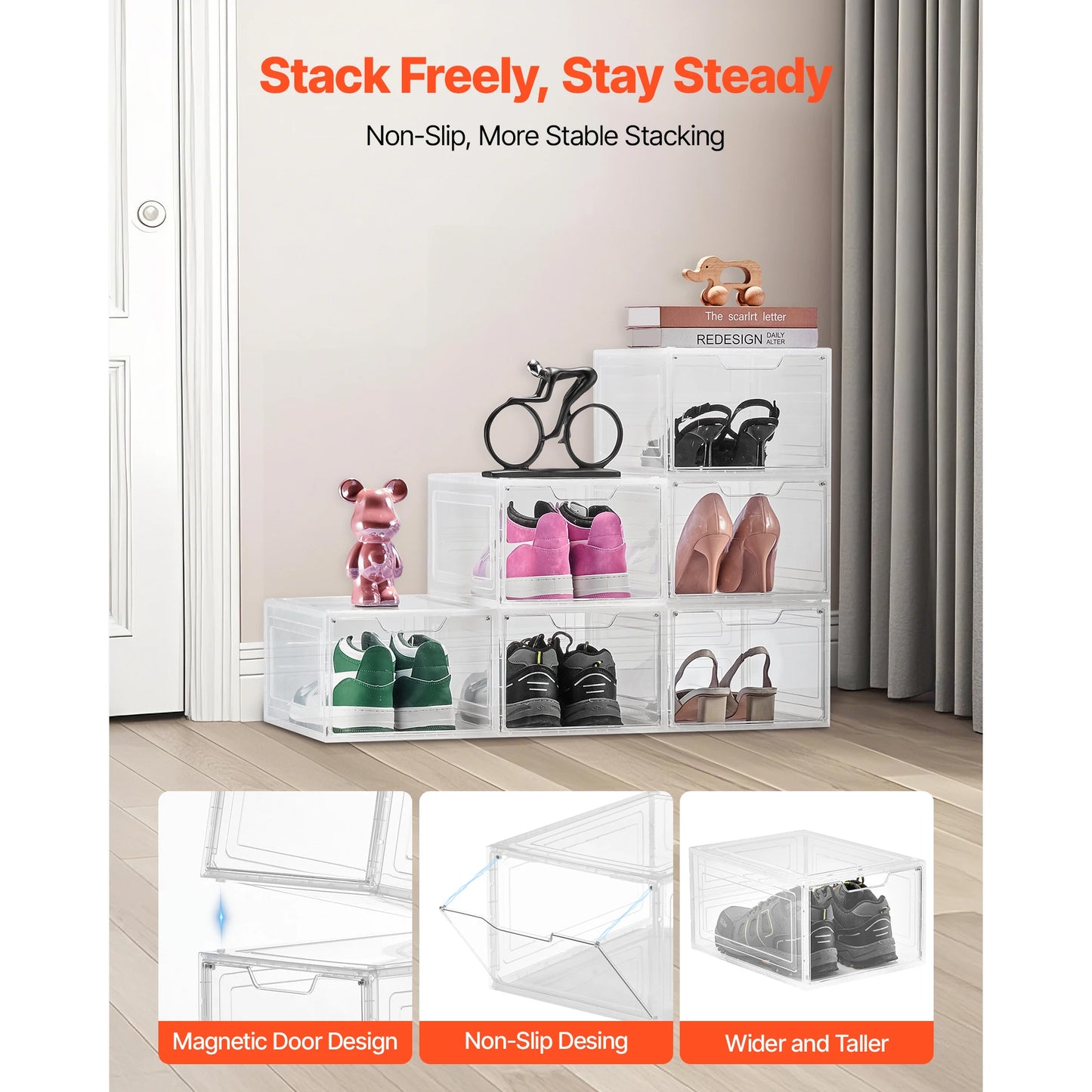SucceBuy Shoe Storage Boxes Clear Stackable Shoe Boxes Storage Organizers Magnetic Door Fit Size Plastic Sneaker Containers