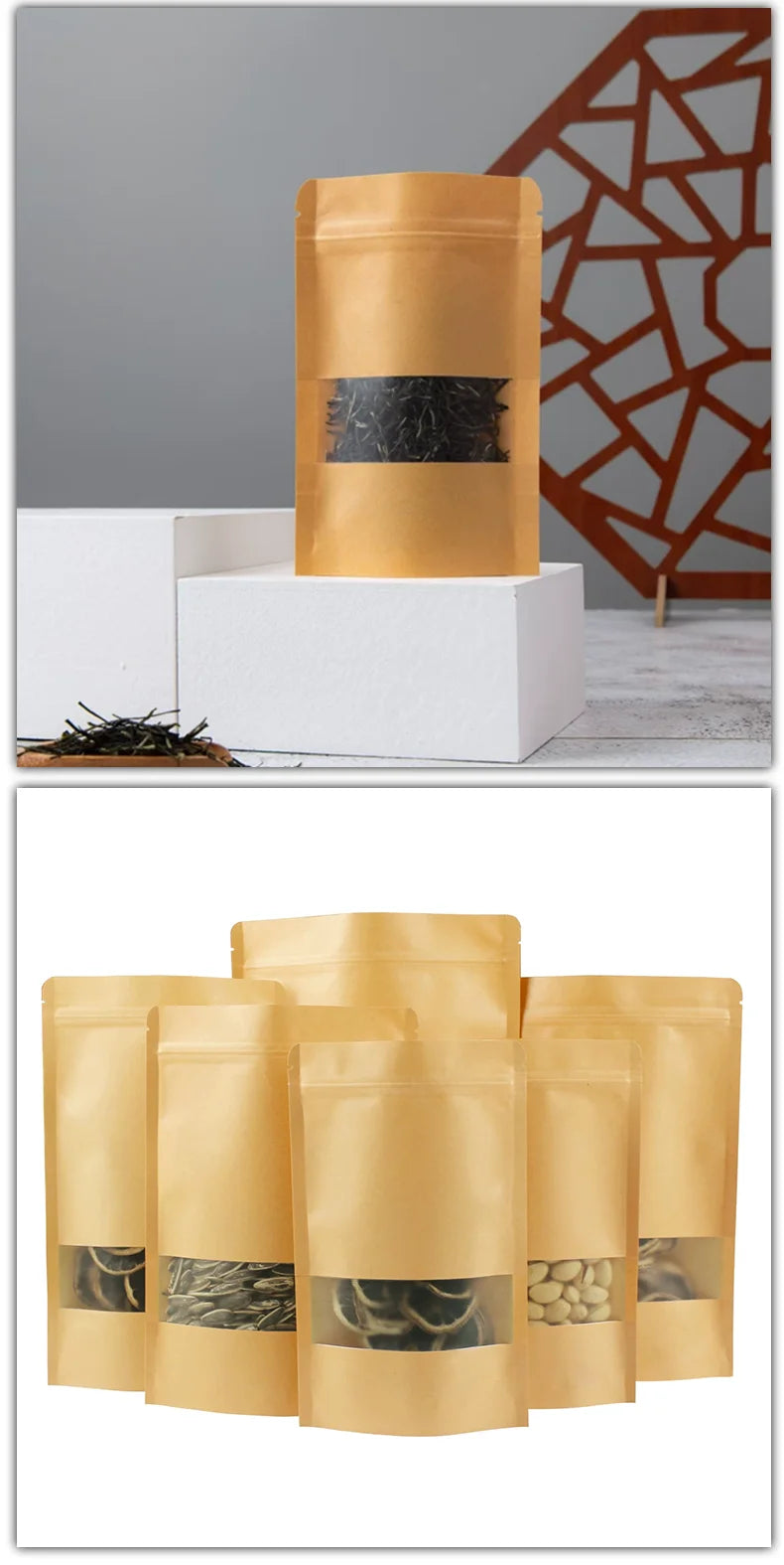 100 kraft paper self sealing bag, reusable sealed bag, visible window packaging bag, small business gift bag, customized bag.