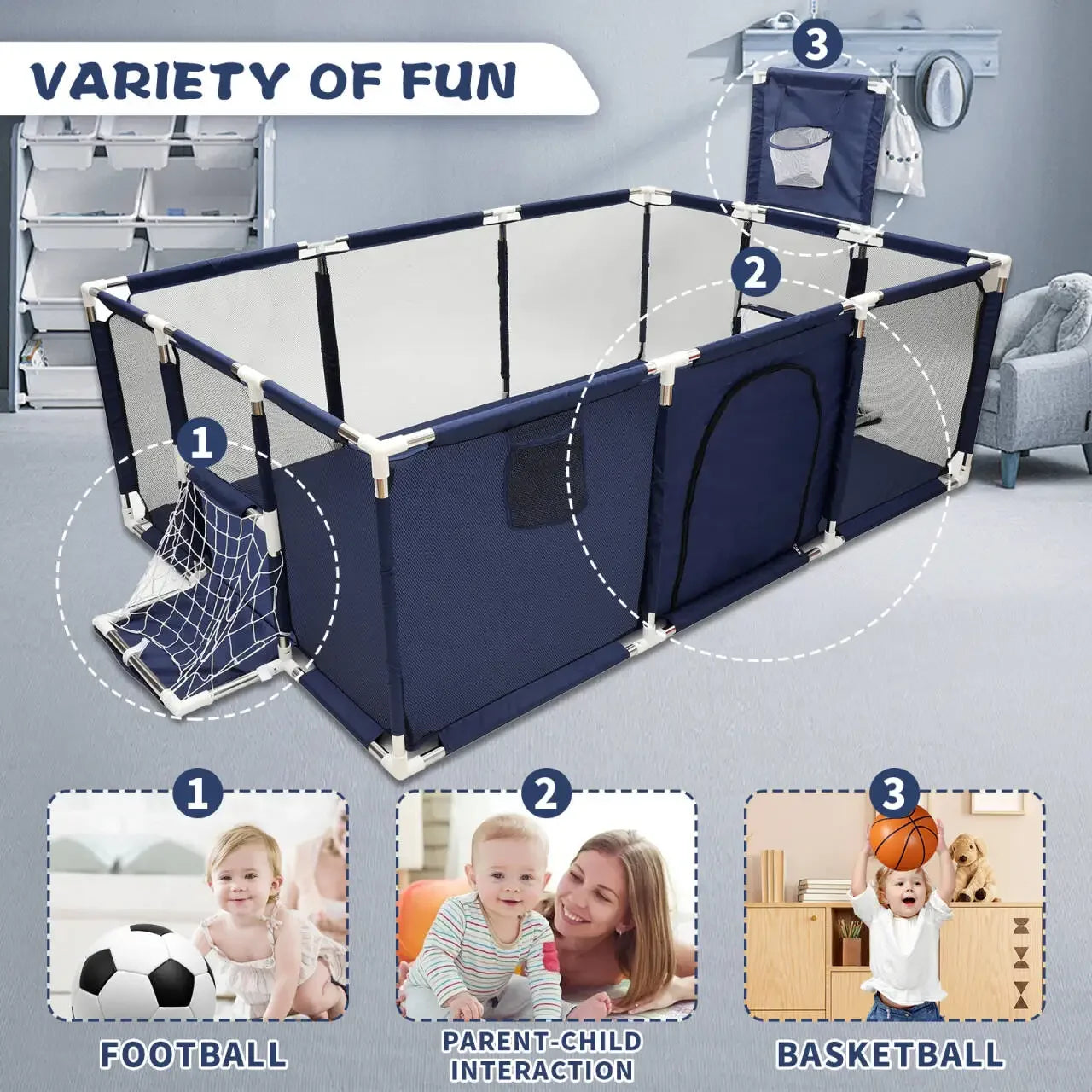 IMBABY Parque de juegos para bebés, parque infantil interior para bebés, parque infantil grande para niños, valla protectora de seguridad, parque de juegos impermeable