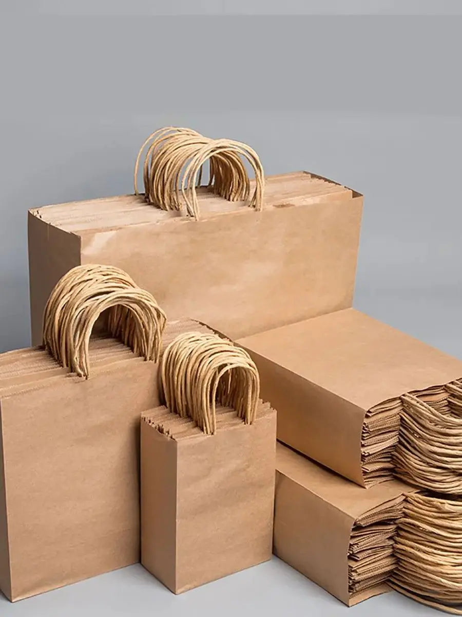 10pcs/lot Kraft Paper Bag with Handles Gift Packing Bags for Store Clothes Wedding Christmas Supplies Handbags Kit