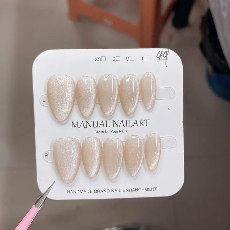 10Pc Handmade Nails in Soft Almond Shape with Cat Eye Shimmer Finish Press-On Nail Tips Perfect for Gifting to Women and Friend