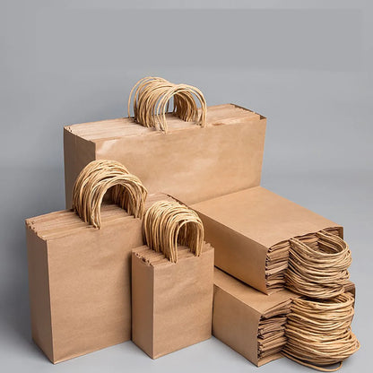 10pcs/lot Kraft Paper Bag with Handles Gift Packing Bags for Store Clothes Wedding Christmas Supplies Handbags Kit