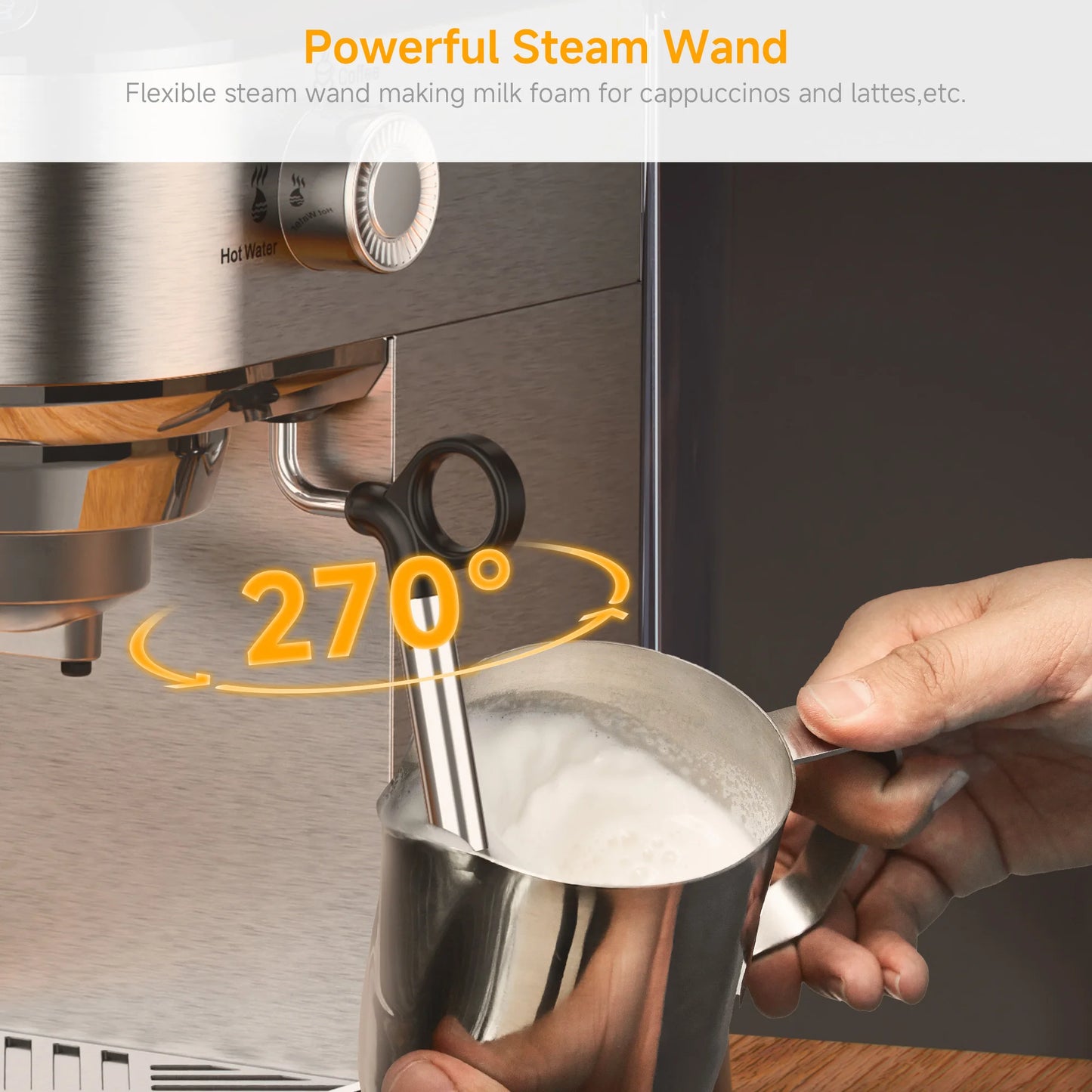 BioloMix Cafetera Semiautomática de Acero Inoxidable de 20 Bares, con Varita Espumadora de Leche, para Espresso, Cappuccino