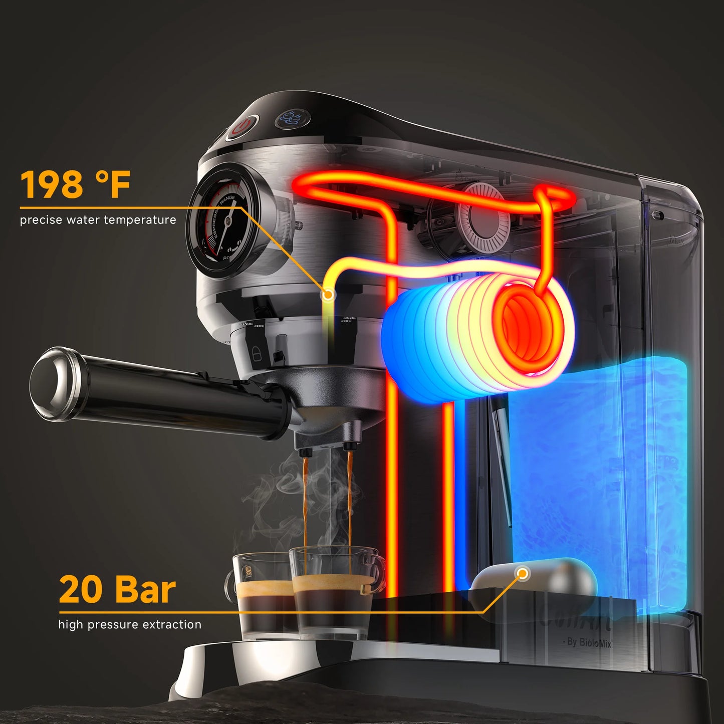 BioloMix Cafetera Semiautomática de Acero Inoxidable de 20 Bares, con Varita Espumadora de Leche, para Espresso, Cappuccino
