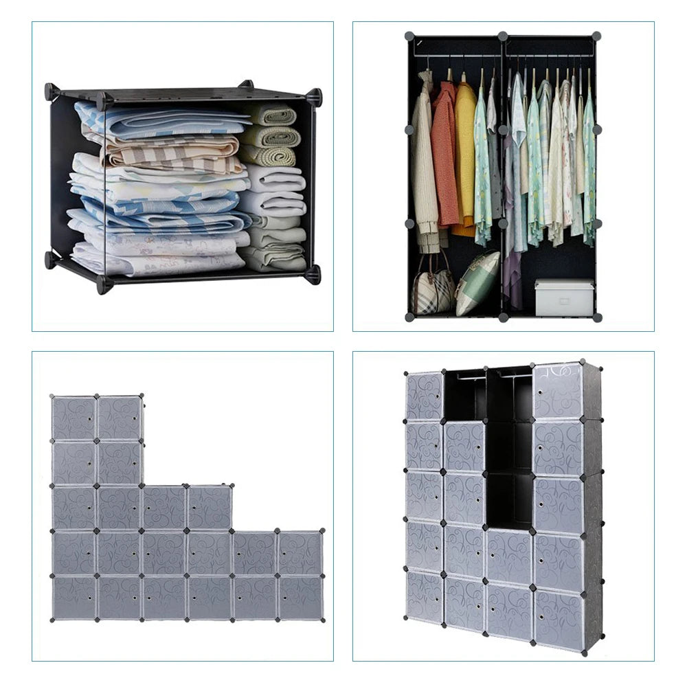 Wardrobe shoe cabinet storage cabinet,  20 cubes wardrobe with 2 clothes rails, stackable folding wardrobe, for bedroom clothes