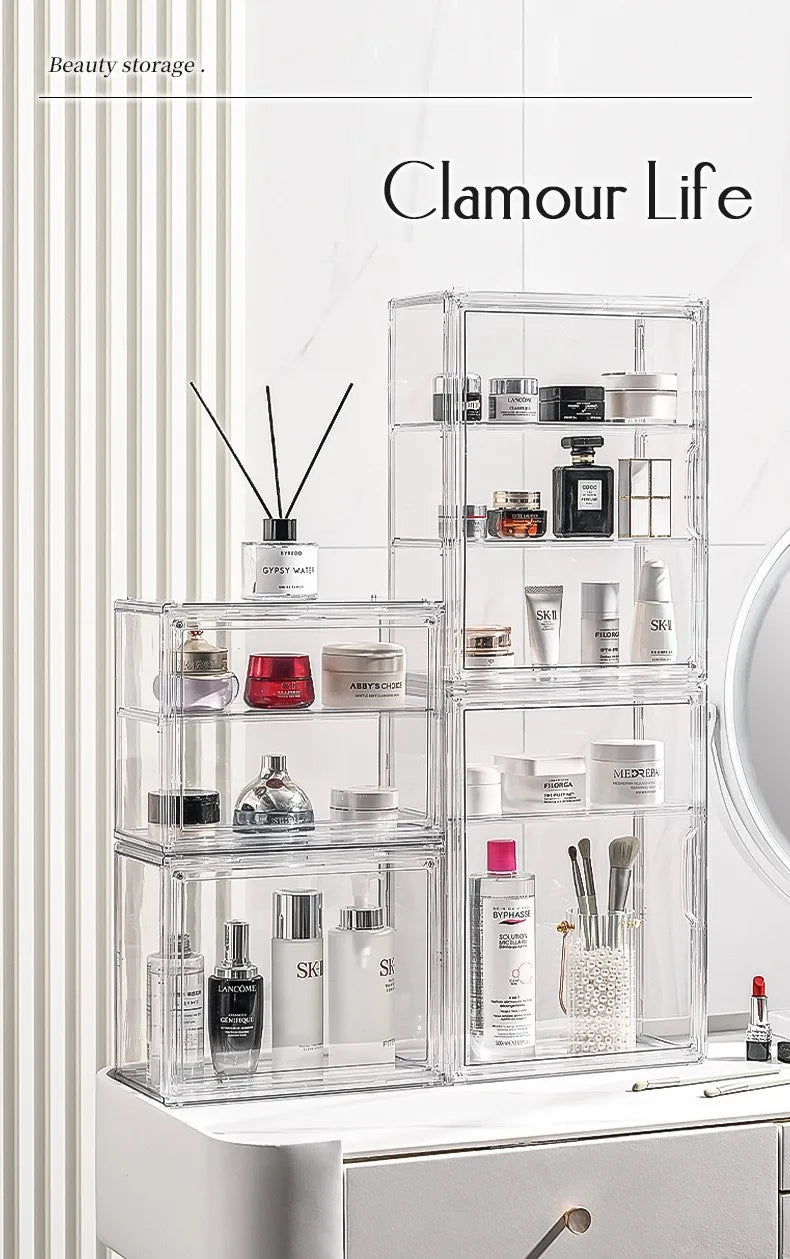 Estuche Transparente Organizador de Maquillaje, Caja Organizadora de Cosméticos a Prueba de Polvo, Contenedores de Cuidado de la Piel, Estuches Expositores de Cosméticos en Capas de Gran Capacidad