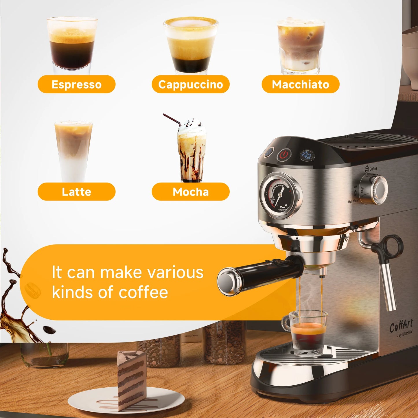 BioloMix Cafetera Semiautomática de Acero Inoxidable de 20 Bares, con Varita Espumadora de Leche, para Espresso, Cappuccino