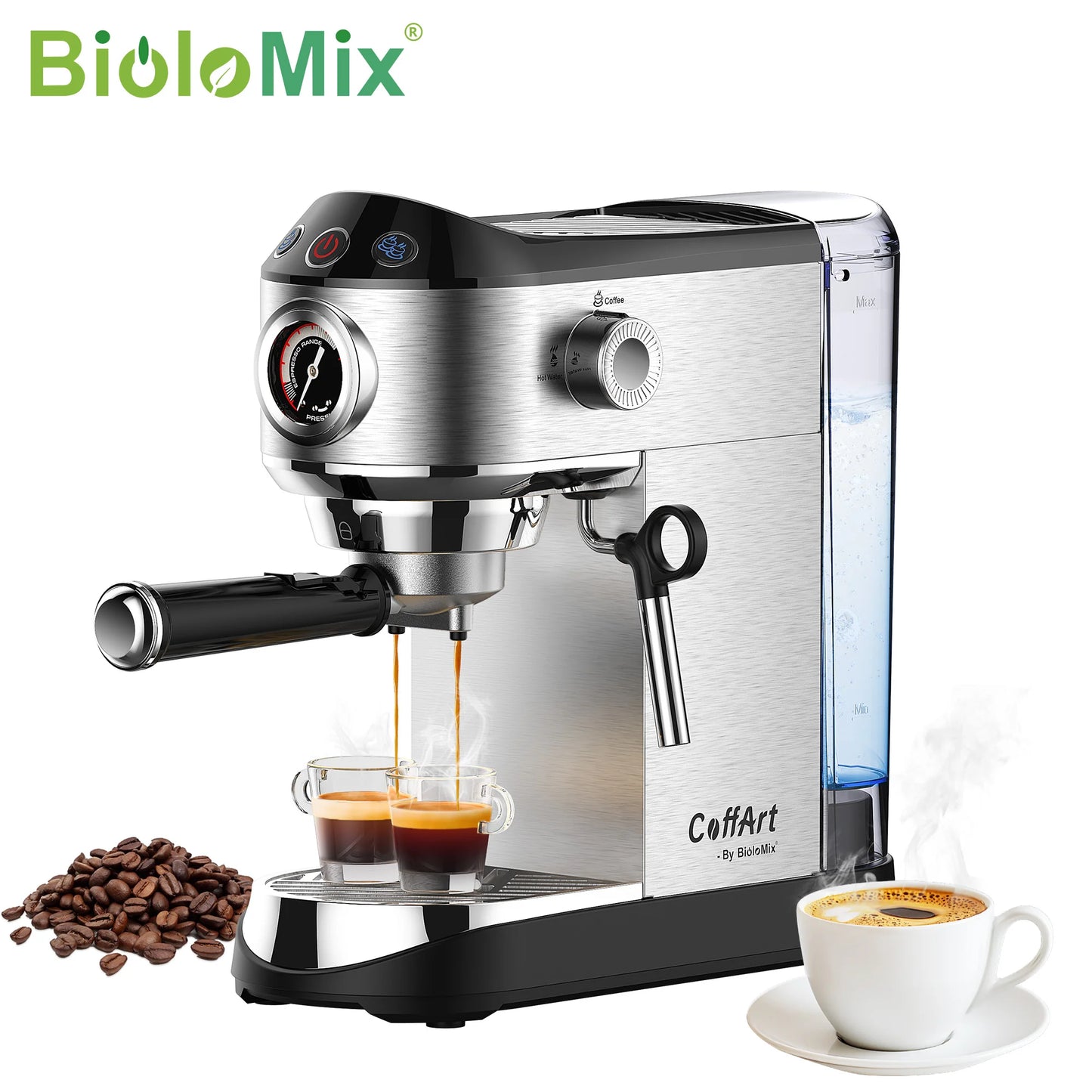 BioloMix Cafetera Semiautomática de Acero Inoxidable de 20 Bares, con Varita Espumadora de Leche, para Espresso, Cappuccino