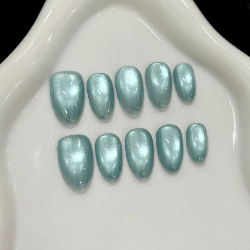 10Pc Handmade Nails in Soft Almond Shape with Cat Eye Shimmer Finish Press-On Nail Tips Perfect for Gifting to Women and Friend