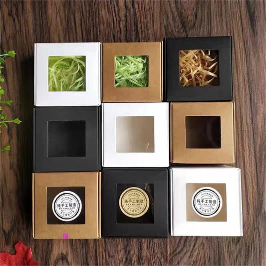 10pcs square white/kraft/black window packaging boxes, various sizes, wedding party gifts, handmade soap chocolate flat boxes