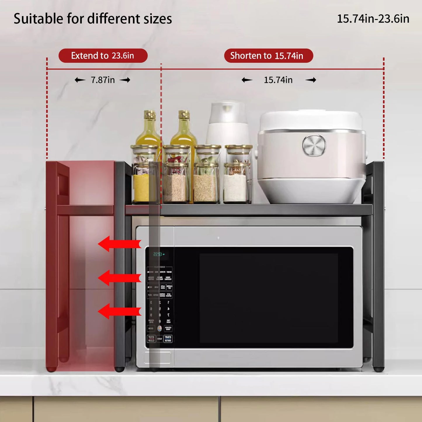 1 unidad organizador de estante de microondas expandible de 42-64 cm, organizador de encimera de microondas a prueba de humedad y óxido, almacenamiento de vajilla