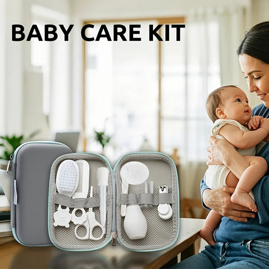 9pcs/pack Baby Grooming Kit with Travel Case,Safety Care Set with- Feeding Dropper,Nose Cleaner, Nail Clippers, Comb,Brushes,etc