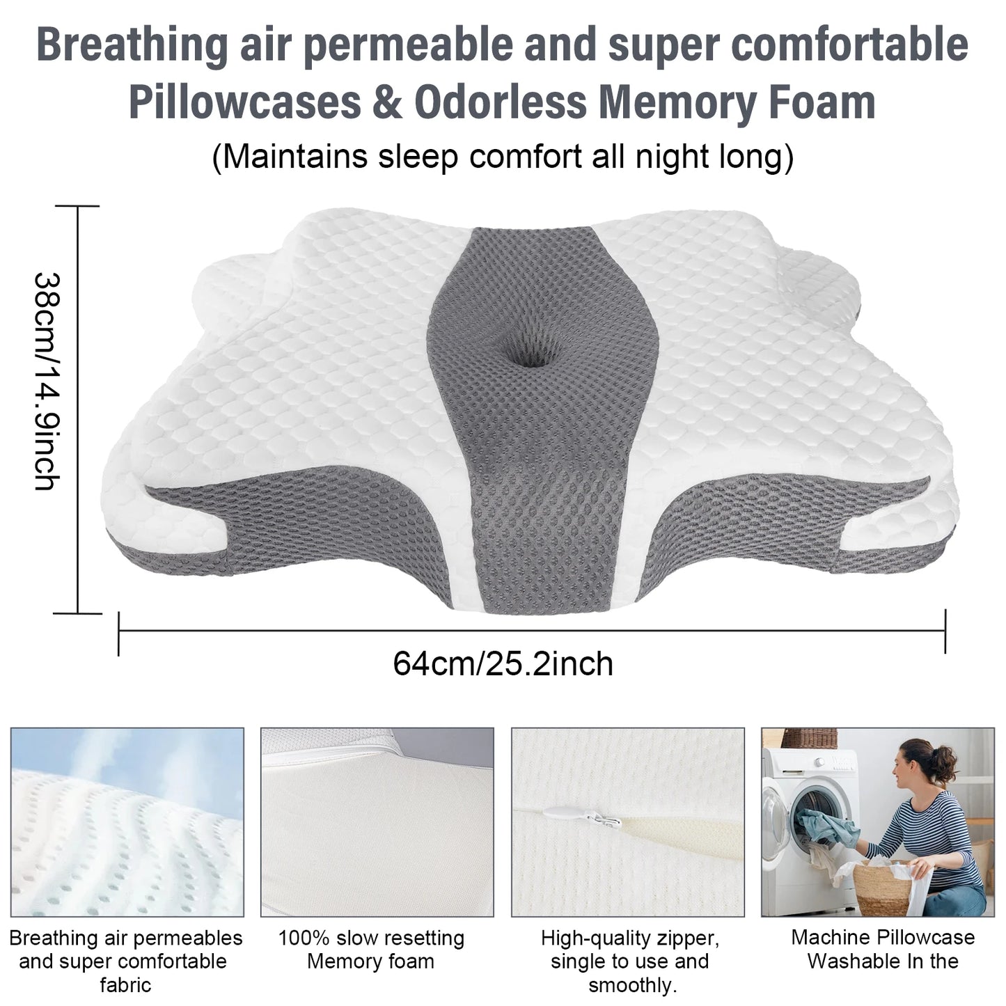 Almohada ergonómica de espuma viscoelástica tipo mariposa para alivio del dolor de cuello, almohada cervical ortopédica para cama para quienes duermen de lado, boca arriba o boca abajo, soporte para cabeza y hombros