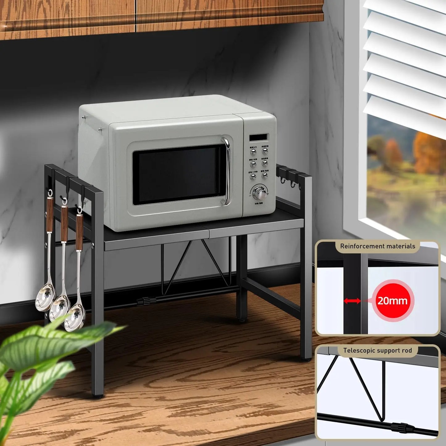 1 unidad organizador de estante de microondas expandible de 42-64 cm, organizador de encimera de microondas a prueba de humedad y óxido, almacenamiento de vajilla