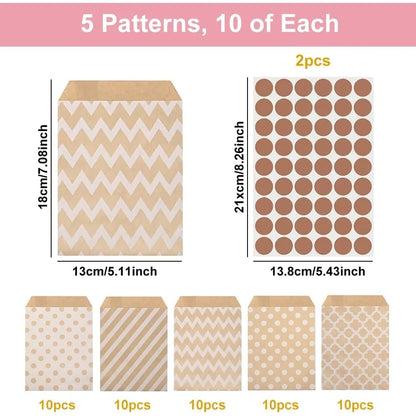 25PCS Small Kraft Paper Gift Bags 18x13cm with sticker – Cute and Versatile Pouches for Parties, Weddings, Birthdays, and Events
