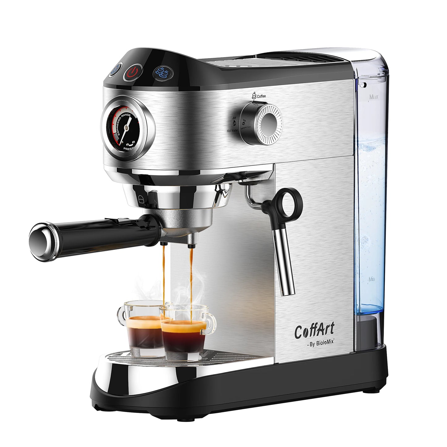 BioloMix Cafetera Semiautomática de Acero Inoxidable de 20 Bares, con Varita Espumadora de Leche, para Espresso, Cappuccino