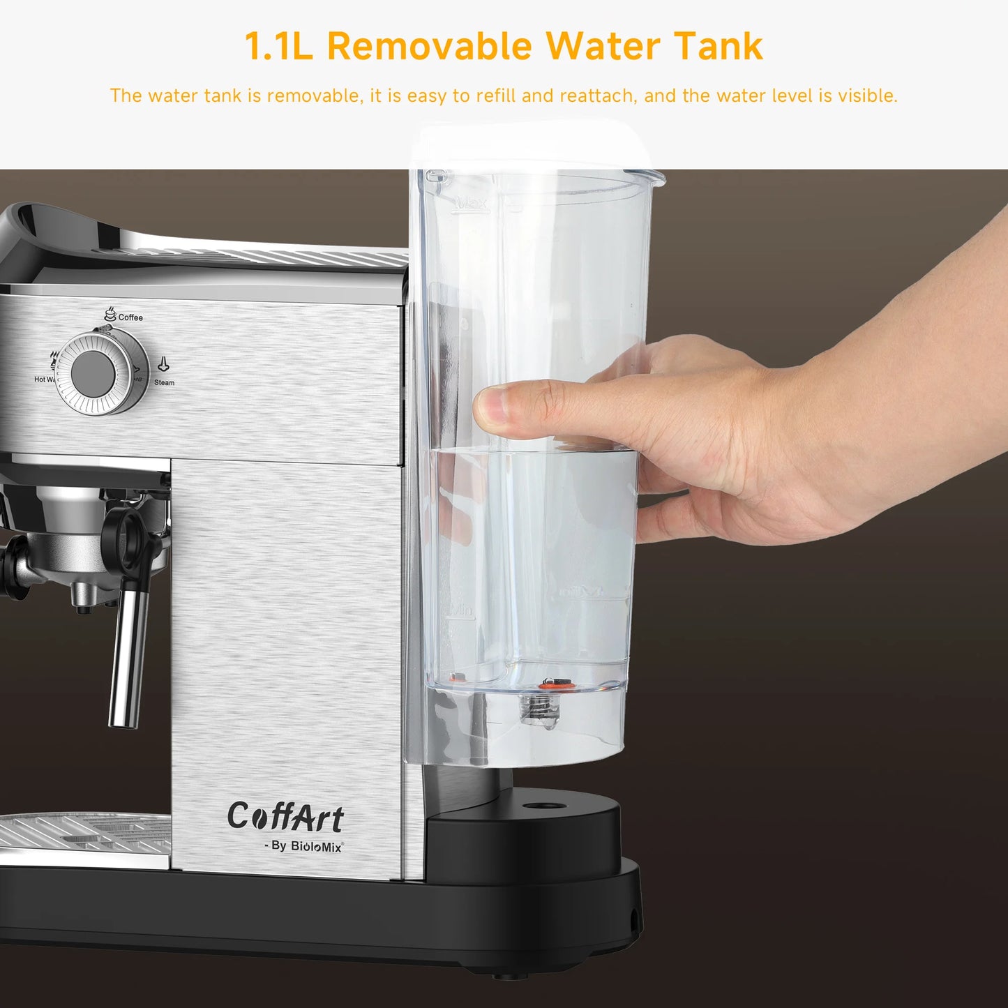 BioloMix Cafetera Semiautomática de Acero Inoxidable de 20 Bares, con Varita Espumadora de Leche, para Espresso, Cappuccino