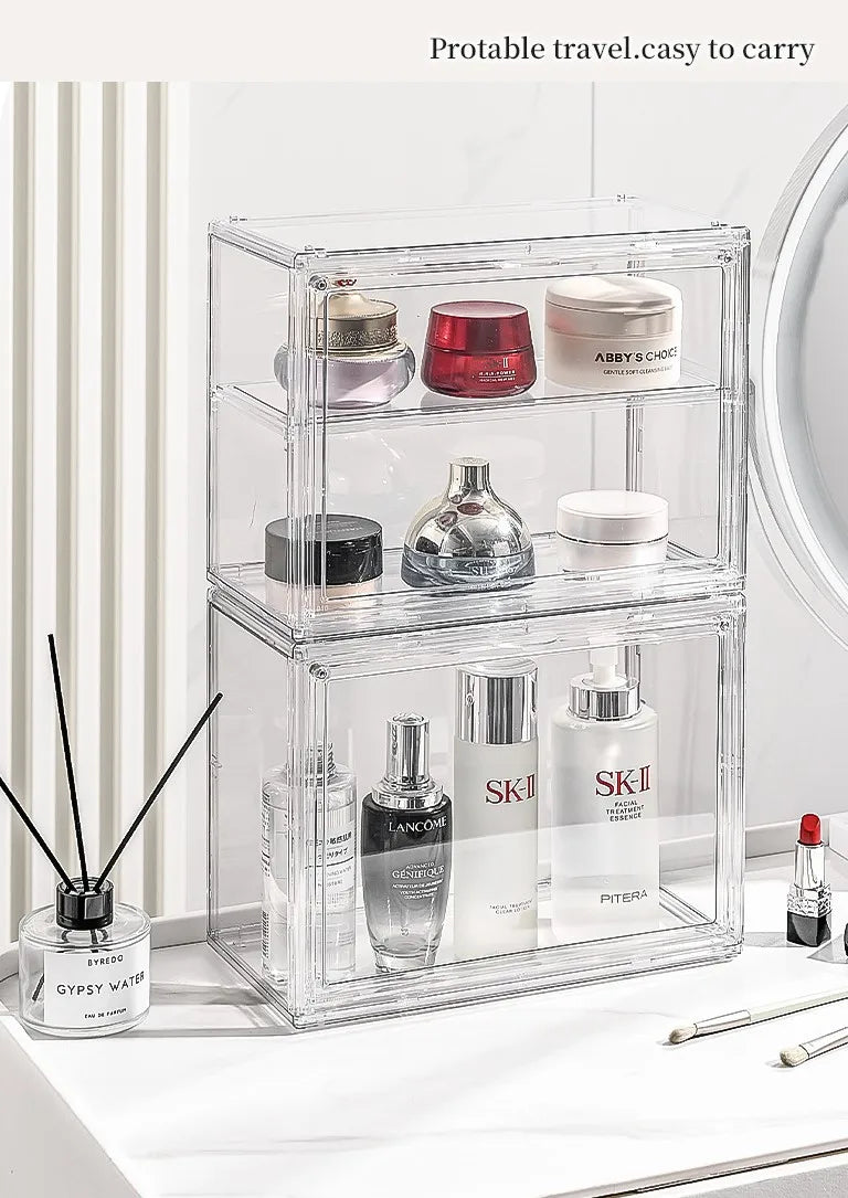 Estuche Transparente Organizador de Maquillaje, Caja Organizadora de Cosméticos a Prueba de Polvo, Contenedores de Cuidado de la Piel, Estuches Expositores de Cosméticos en Capas de Gran Capacidad