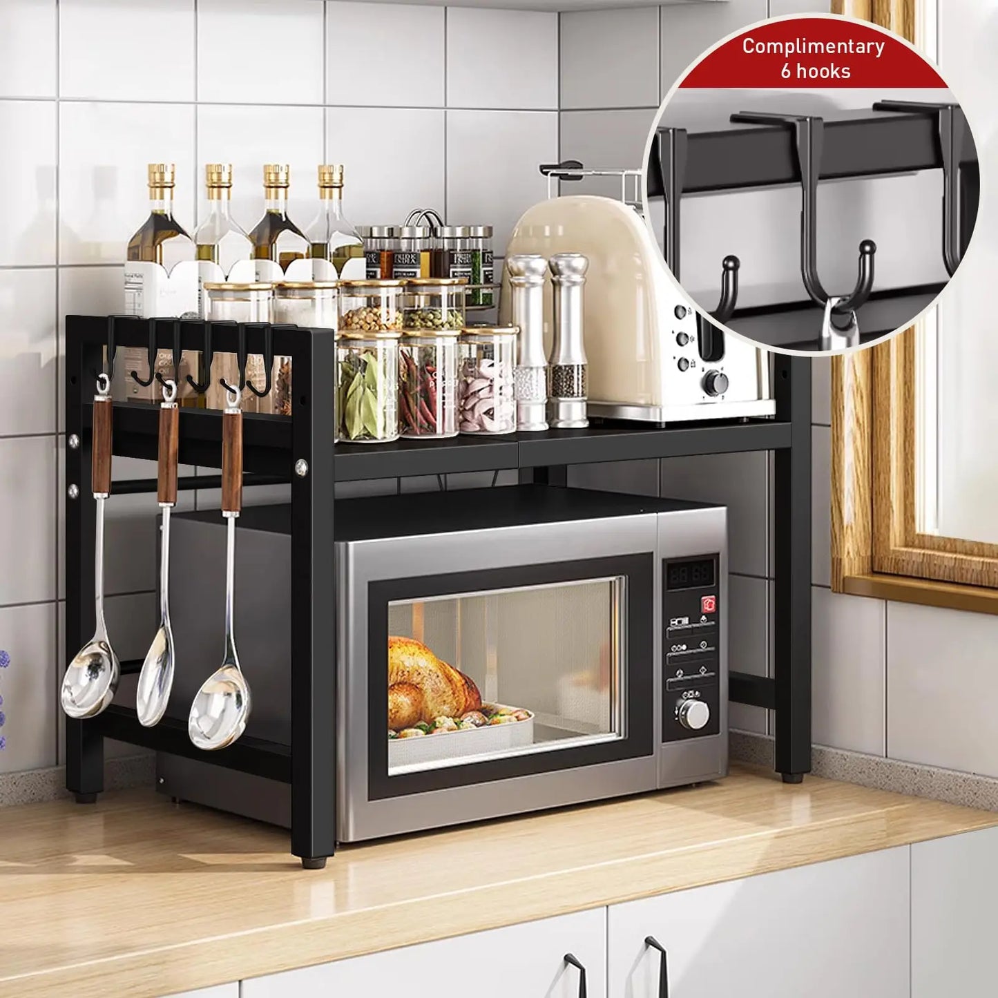 1 unidad organizador de estante de microondas expandible de 42-64 cm, organizador de encimera de microondas a prueba de humedad y óxido, almacenamiento de vajilla