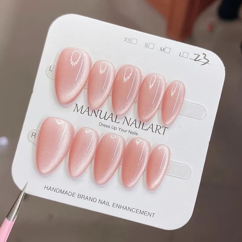 10Pc Handmade Nails in Soft Almond Shape with Cat Eye Shimmer Finish Press-On Nail Tips Perfect for Gifting to Women and Friend