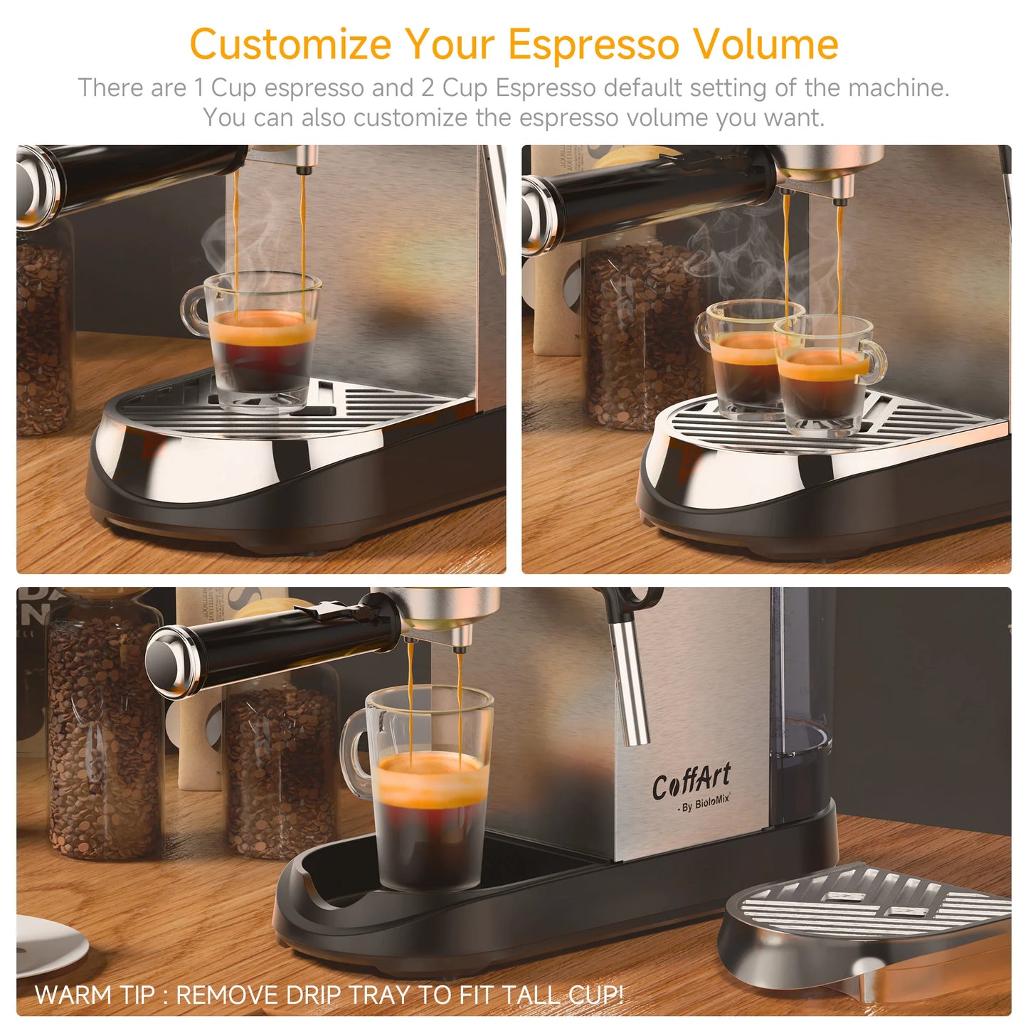 BioloMix Cafetera Semiautomática de Acero Inoxidable de 20 Bares, con Varita Espumadora de Leche, para Espresso, Cappuccino