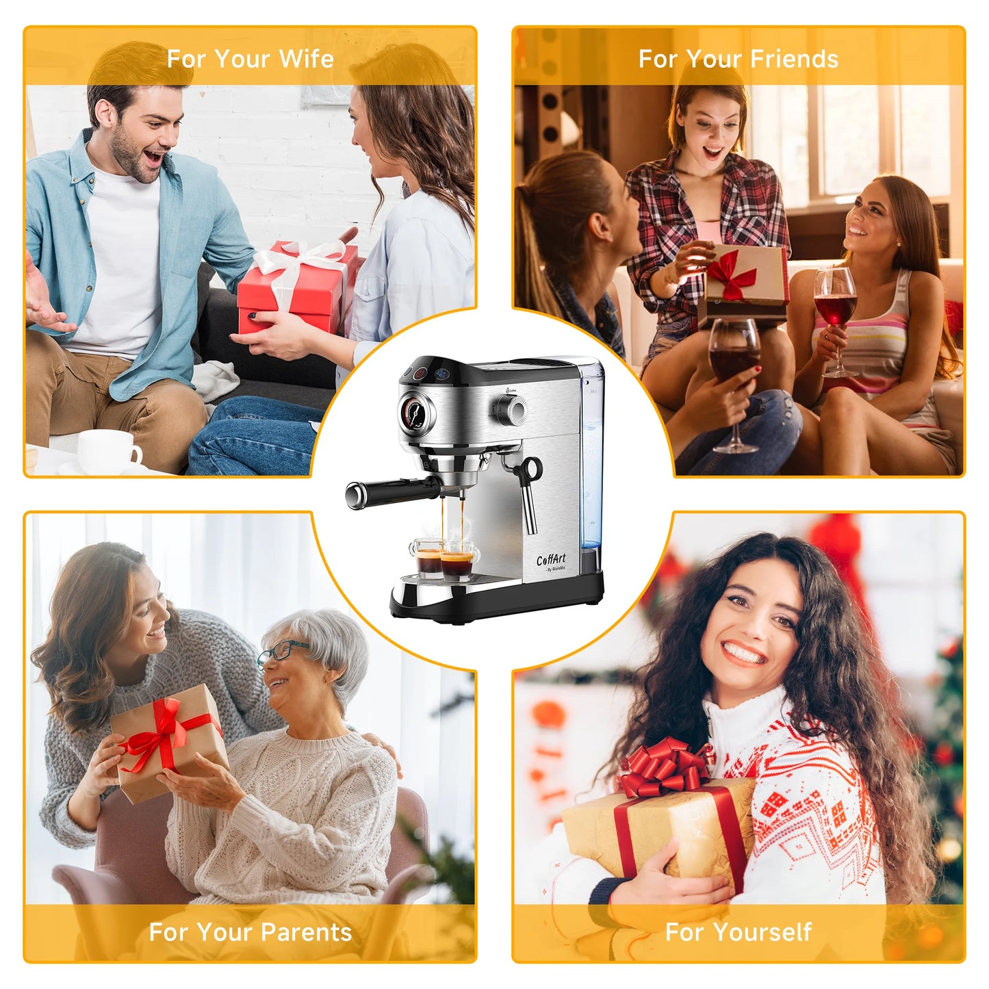 BioloMix Cafetera Semiautomática de Acero Inoxidable de 20 Bares, con Varita Espumadora de Leche, para Espresso, Cappuccino