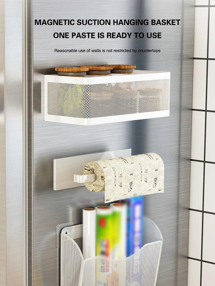 Magnetic Refrigerator Side Storage Rack Iron Space Saving Side Hanging Basket Kitchen Organizer Shelf Household Summary Holder