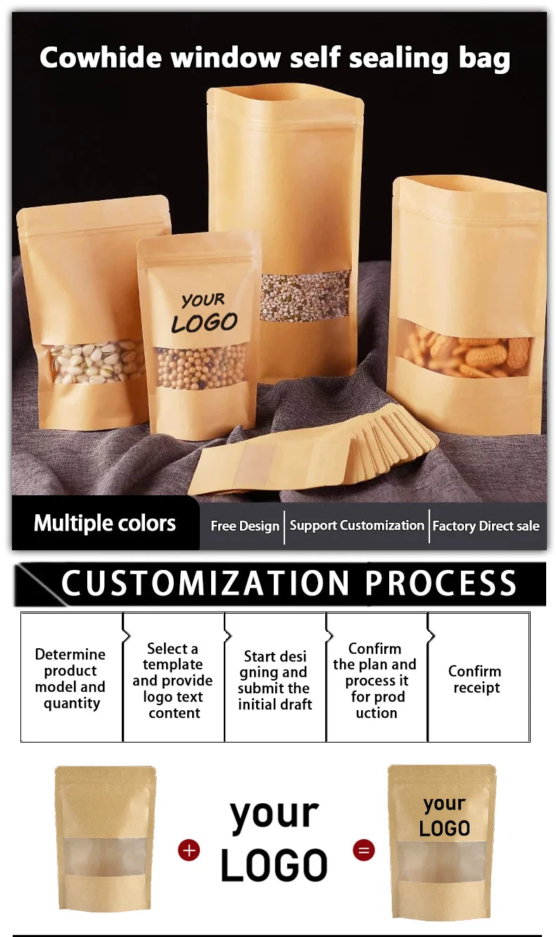 100 kraft paper self sealing bag, reusable sealed bag, visible window packaging bag, small business gift bag, customized bag.