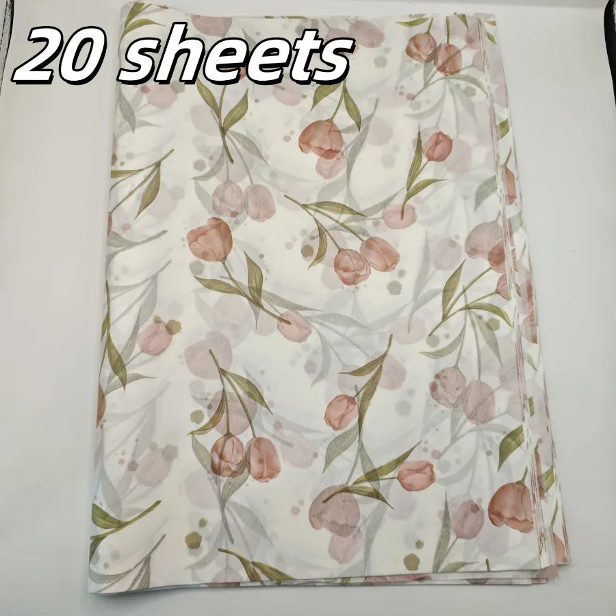 Elegant Tulip Patterned Tissue Paper Floral Design with Green Leaves For Gift Wrapping Wine Bottle Box Filling and Decorating