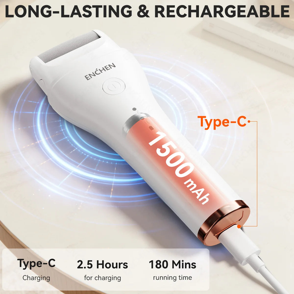 Enchen Electric Foot Callus Remover Rechargeable Ipx6 Waterproof 2 Speeds USB Charging 1 Sanding Head