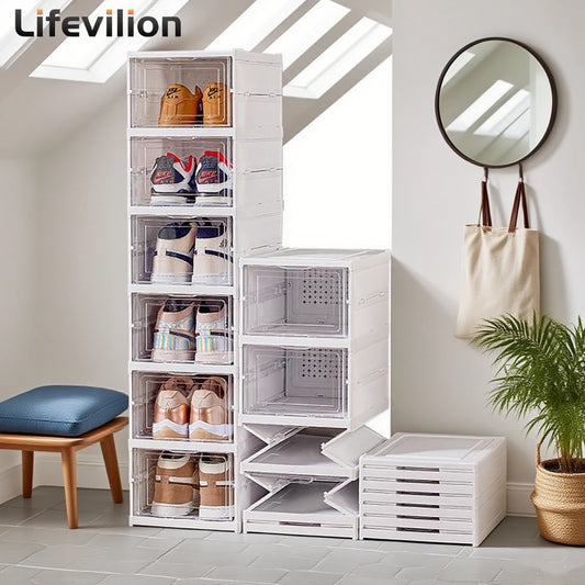 6 Layers Shoes Box Foldable Transparent Sneaker Shoe Storage Organizers Box Stackable Dustproof High-top Cabinet Shoe Rack Shelf
