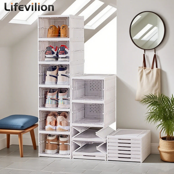 Caja de Zapatos Plegable de 6 Capas, Transparente, para Zapatillas, Organizadores de Almacenamiento, Apilable, a Prueba de Polvo, Estante para Zapatos de Gabinete de Caña Alta