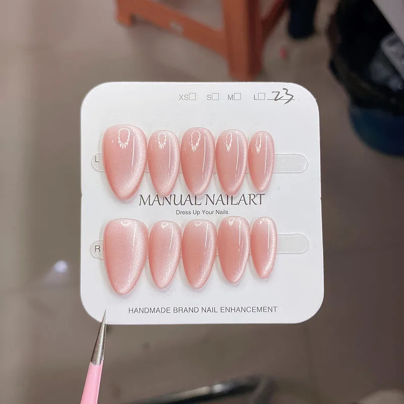 10Pc Handmade Nails in Soft Almond Shape with Cat Eye Shimmer Finish Press-On Nail Tips Perfect for Gifting to Women and Friend