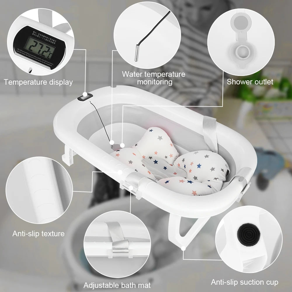 Bañera plegable para bebé con tapete, bañera para bebé con termómetro integrado, bañera portátil para bebés de 0 a 36 meses