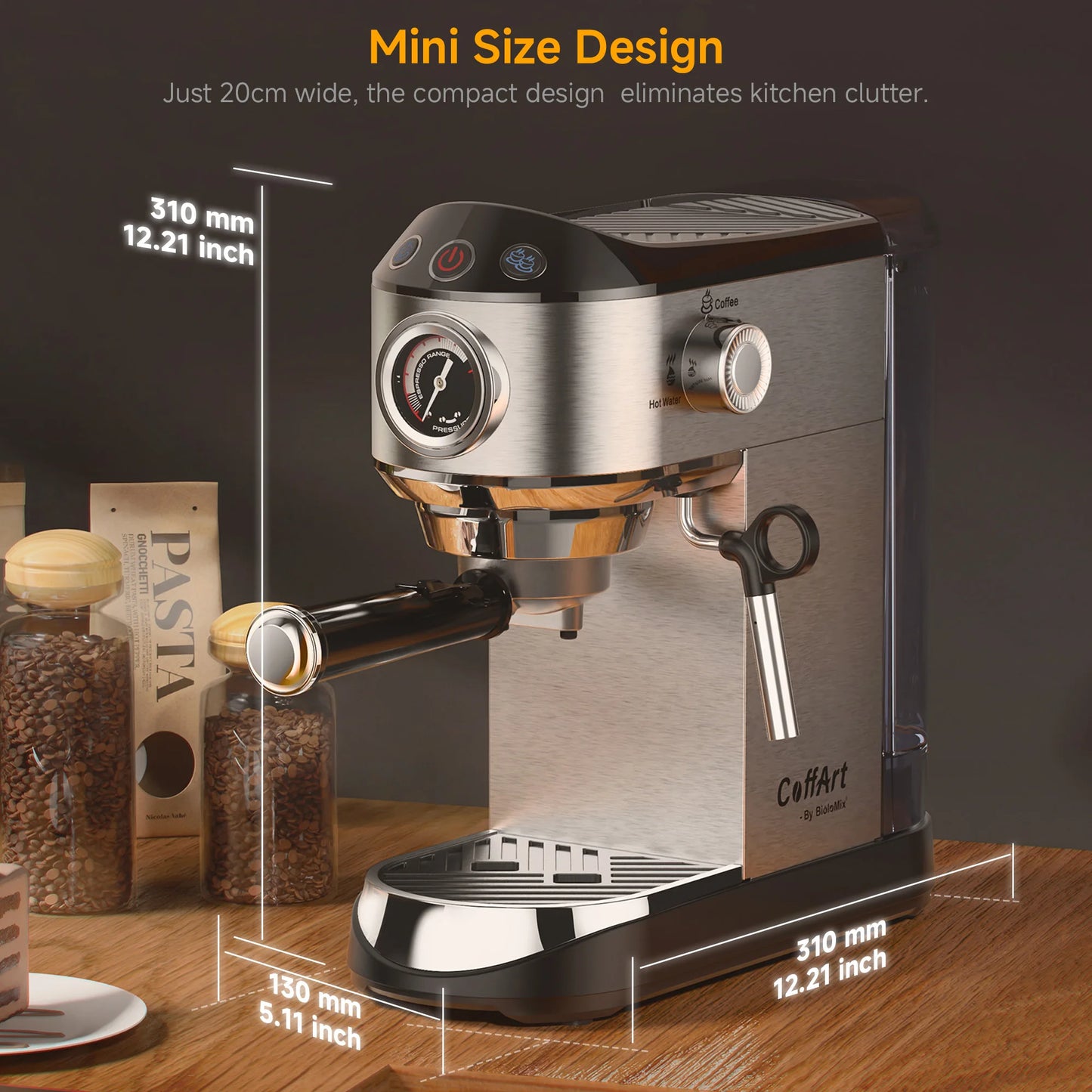 BioloMix Cafetera Semiautomática de Acero Inoxidable de 20 Bares, con Varita Espumadora de Leche, para Espresso, Cappuccino