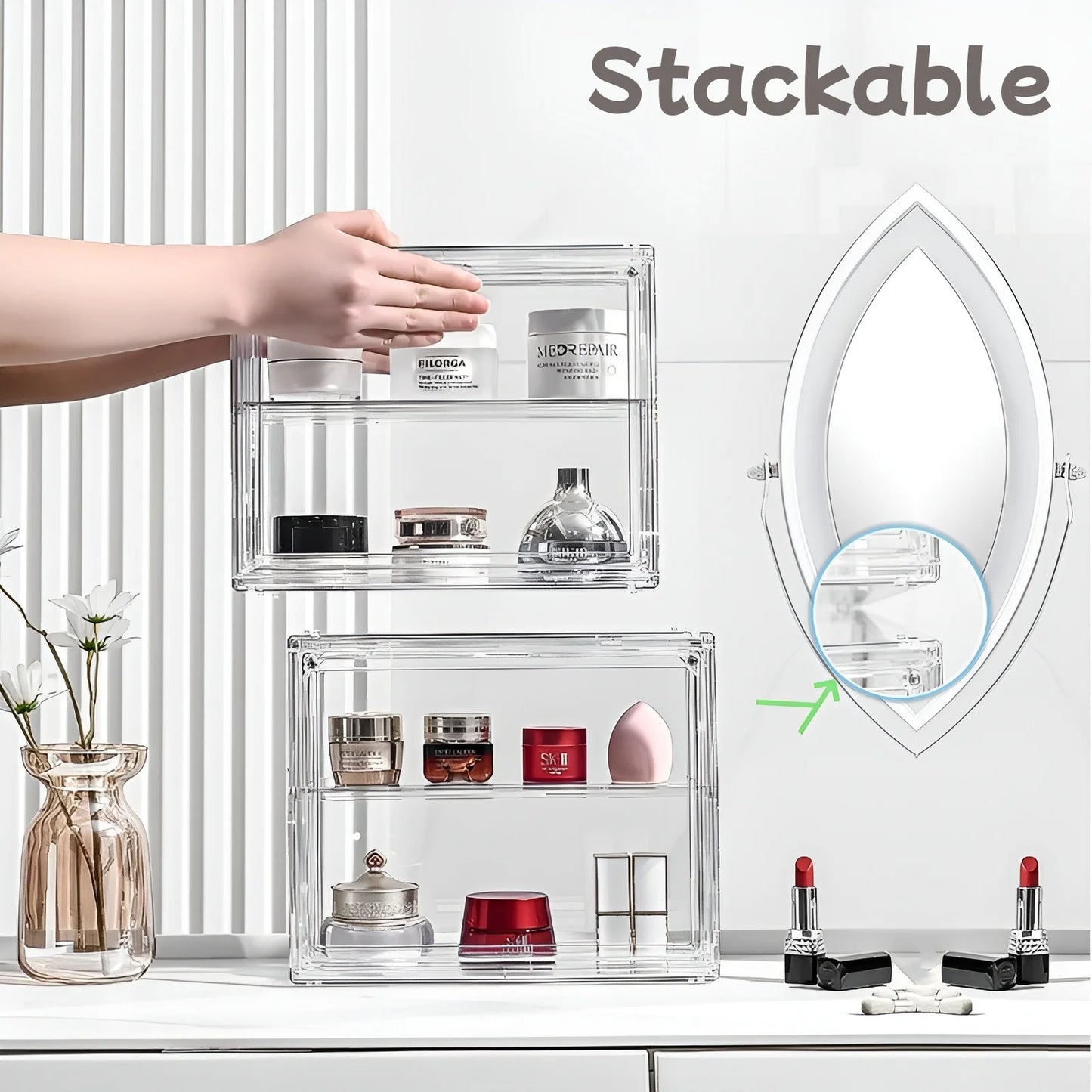 Estuche Transparente Organizador de Maquillaje, Caja Organizadora de Cosméticos a Prueba de Polvo, Contenedores de Cuidado de la Piel, Estuches Expositores de Cosméticos en Capas de Gran Capacidad