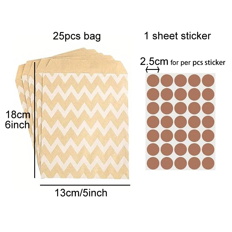 25PCS Small Kraft Paper Gift Bags 18x13cm with sticker – Cute and Versatile Pouches for Parties, Weddings, Birthdays, and Events