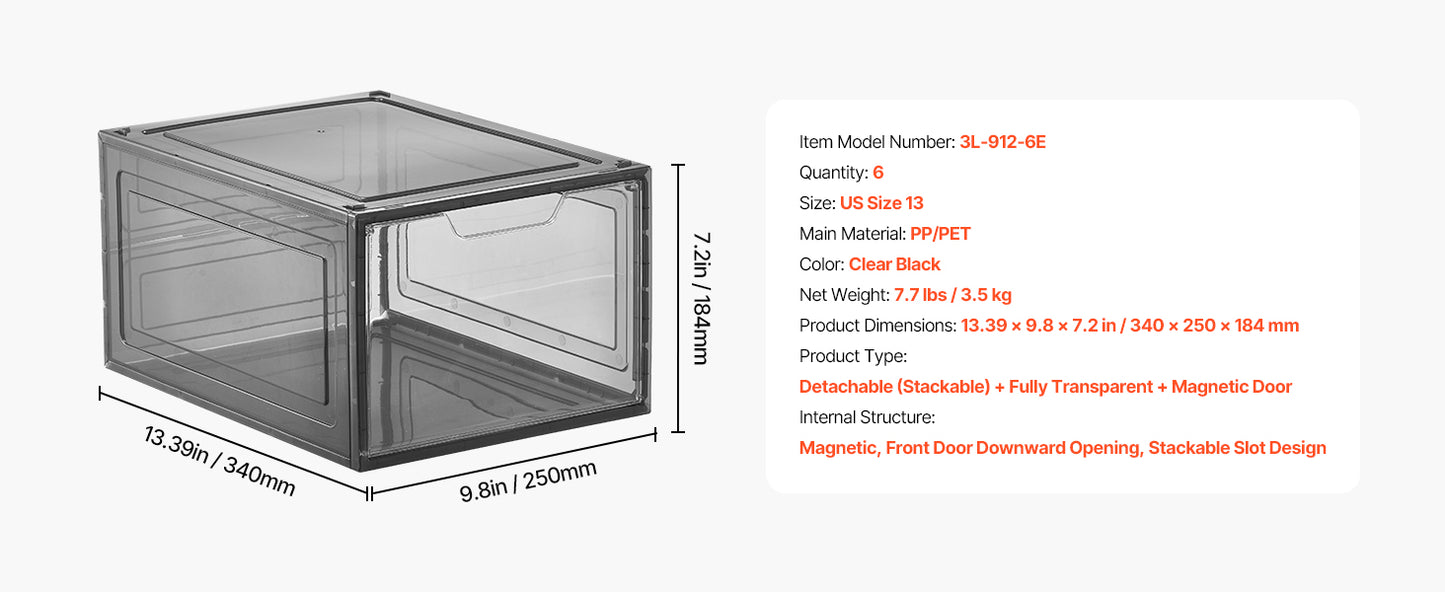 SucceBuy Shoe Storage Boxes Clear Stackable Shoe Boxes Storage Organizers Magnetic Door Fit Size Plastic Sneaker Containers