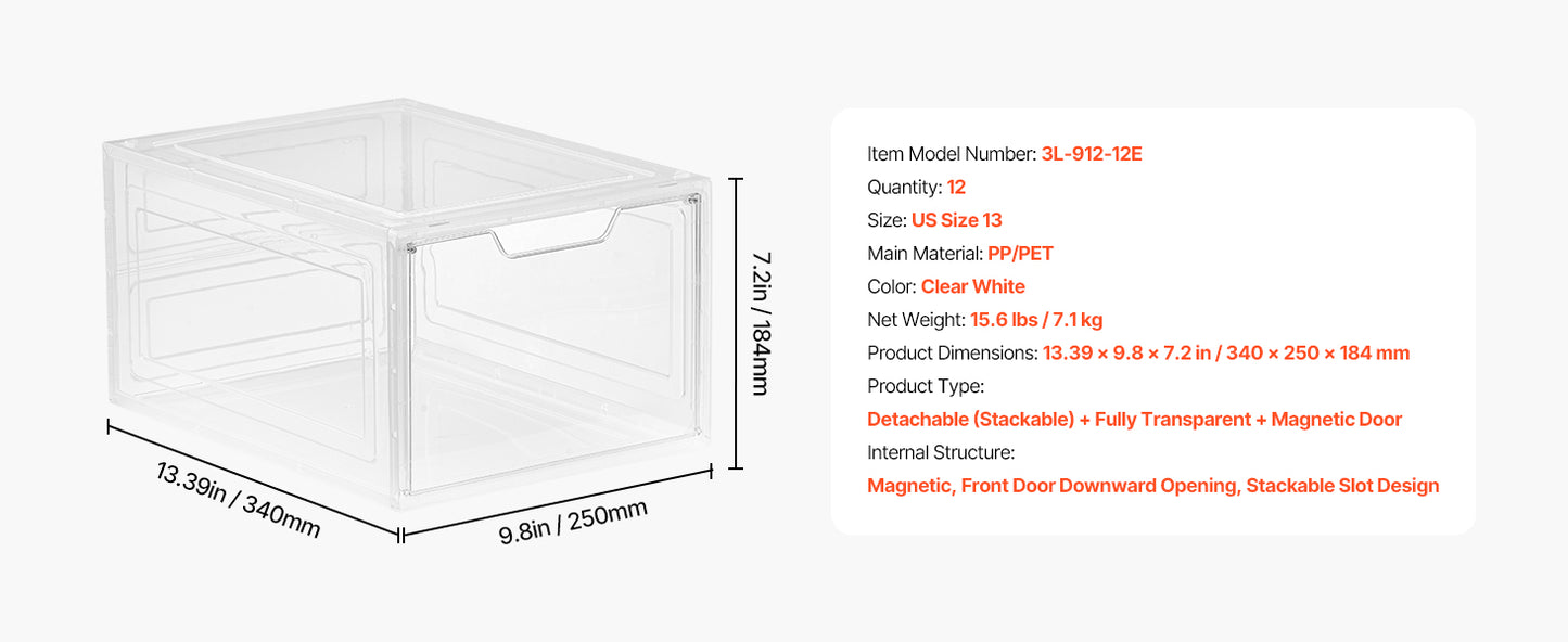 SucceBuy Shoe Storage Boxes Clear Stackable Shoe Boxes Storage Organizers Magnetic Door Fit Size Plastic Sneaker Containers
