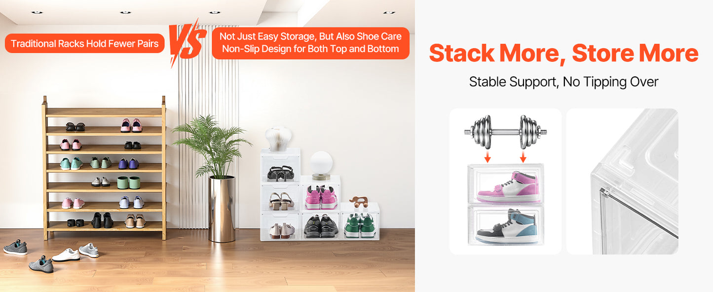 SucceBuy Shoe Storage Boxes Clear Stackable Shoe Boxes Storage Organizers Magnetic Door Fit Size Plastic Sneaker Containers
