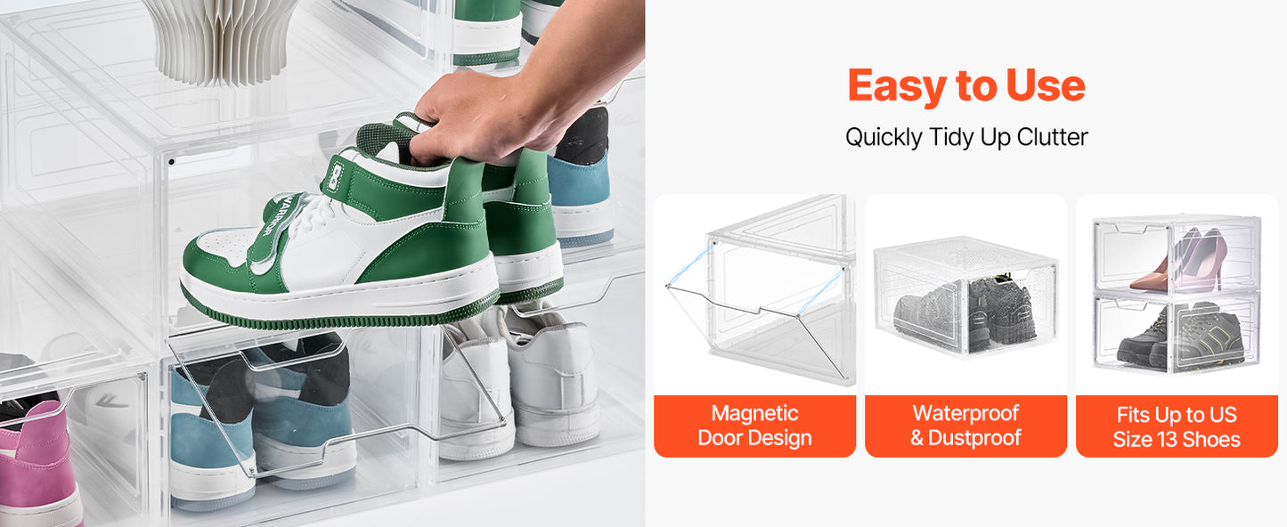SucceBuy Shoe Storage Boxes Clear Stackable Shoe Boxes Storage Organizers Magnetic Door Fit Size Plastic Sneaker Containers